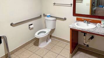 Ein Badezimmer mit Toilette, Haltegriffen, Waschbecken und Spiegel.