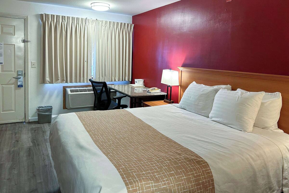 Una habitación de hotel con cama, escritorio, silla, lámpara y ventana con cortinas.