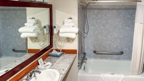A bathroom with a sink, mirror, towel rack, and a shower with grab bars. - Econo Lodge Edmonds North Seattle (Edmonds)