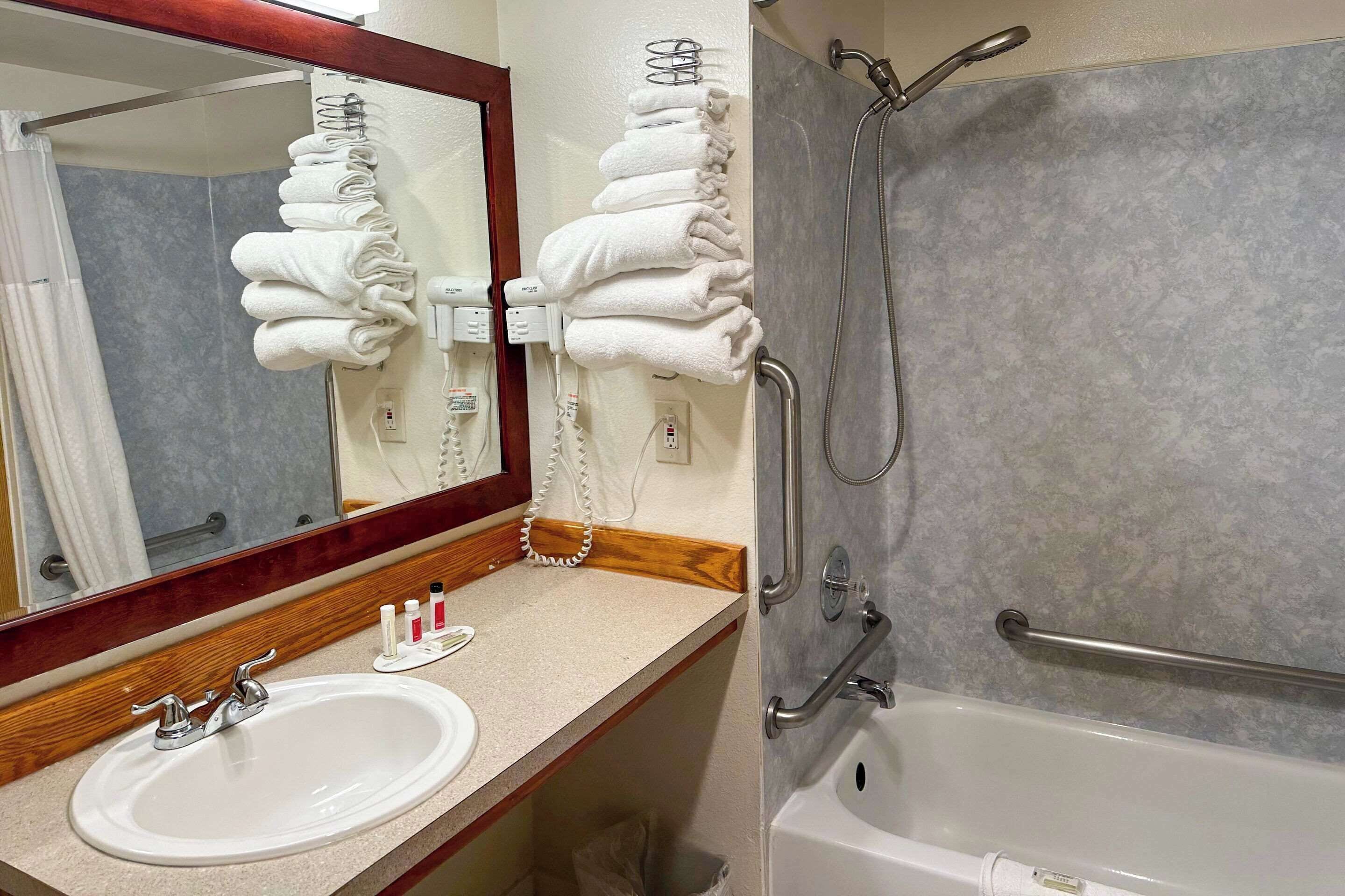 Un baño con lavamanos, espejo, toallero y ducha con barras de apoyo.