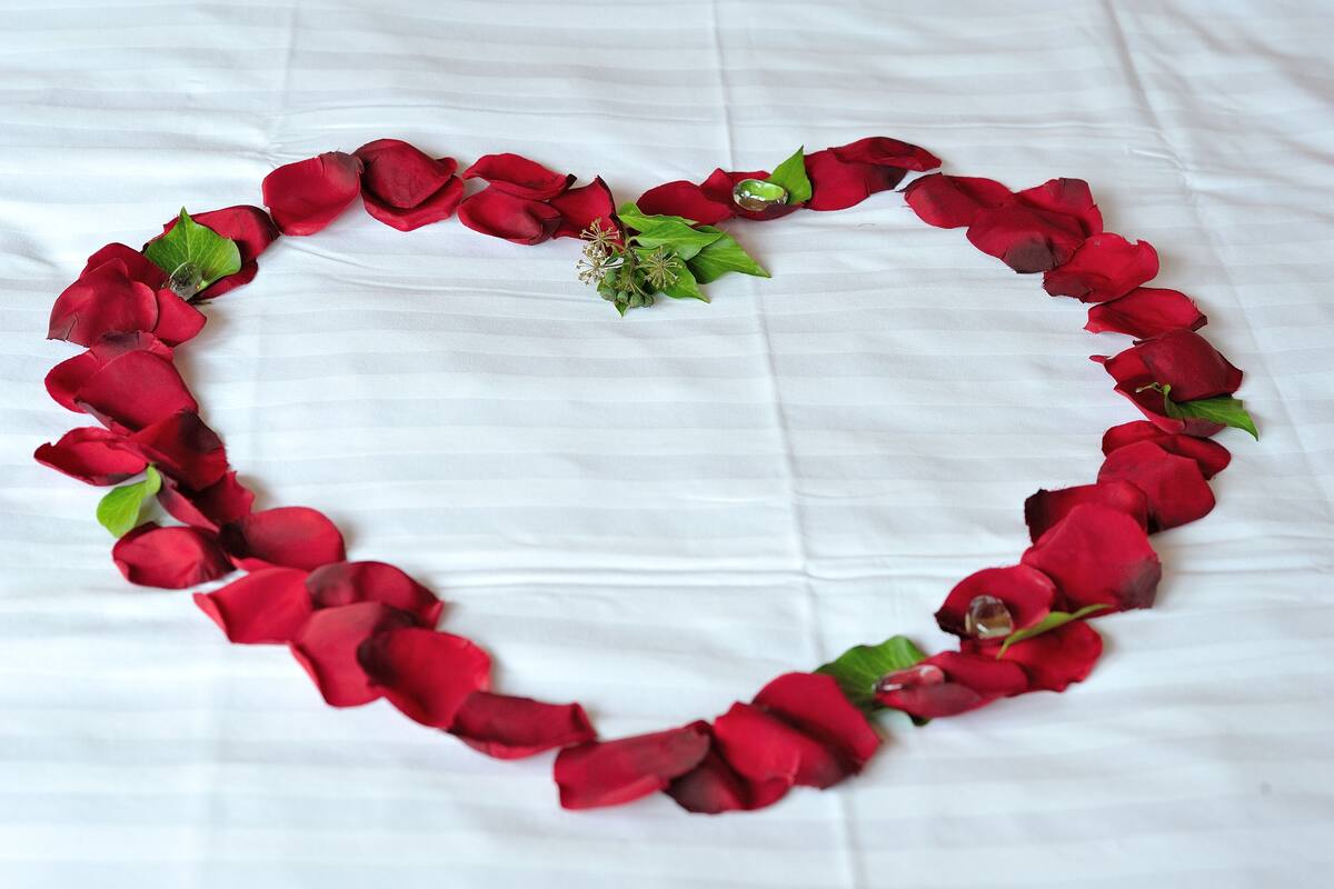 A heart-shaped arrangement of red rose petals and green leaves on a white fabric background.