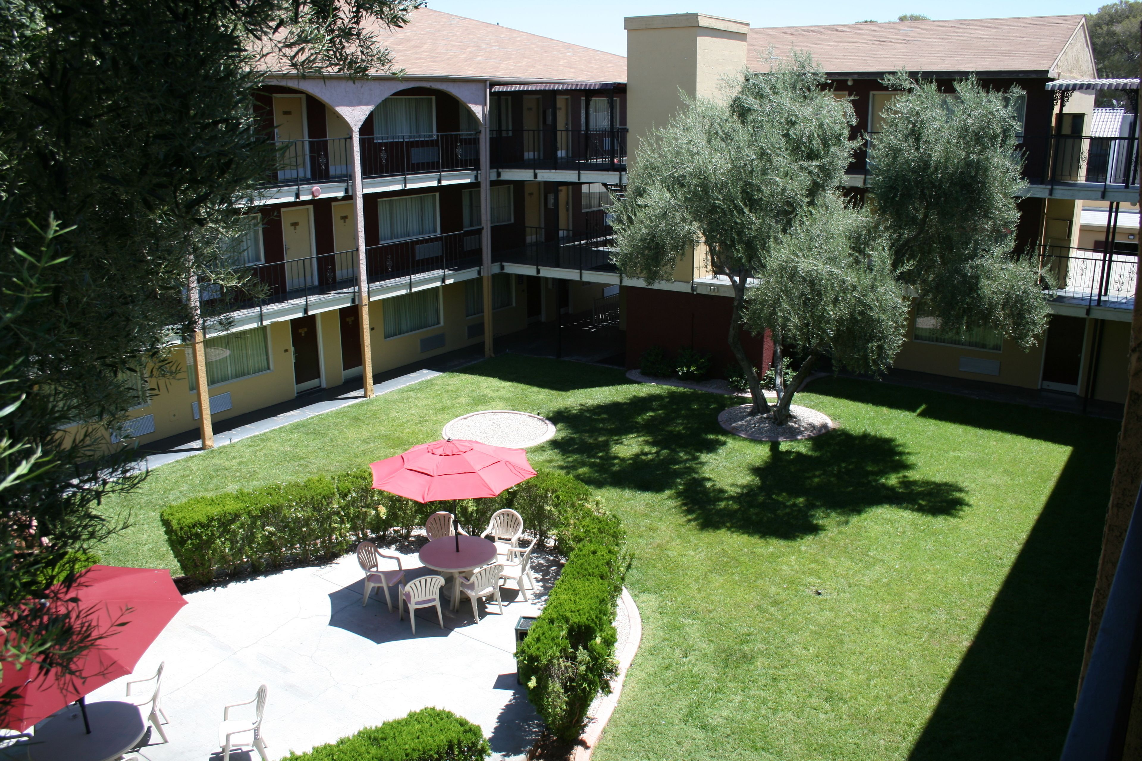 A courtyard with a seating area, a tree, and a building with balconies.