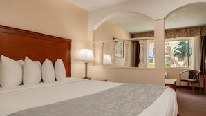 Habitación de hotel con una cama grande, un escritorio, una silla y una ventana con cortinas.