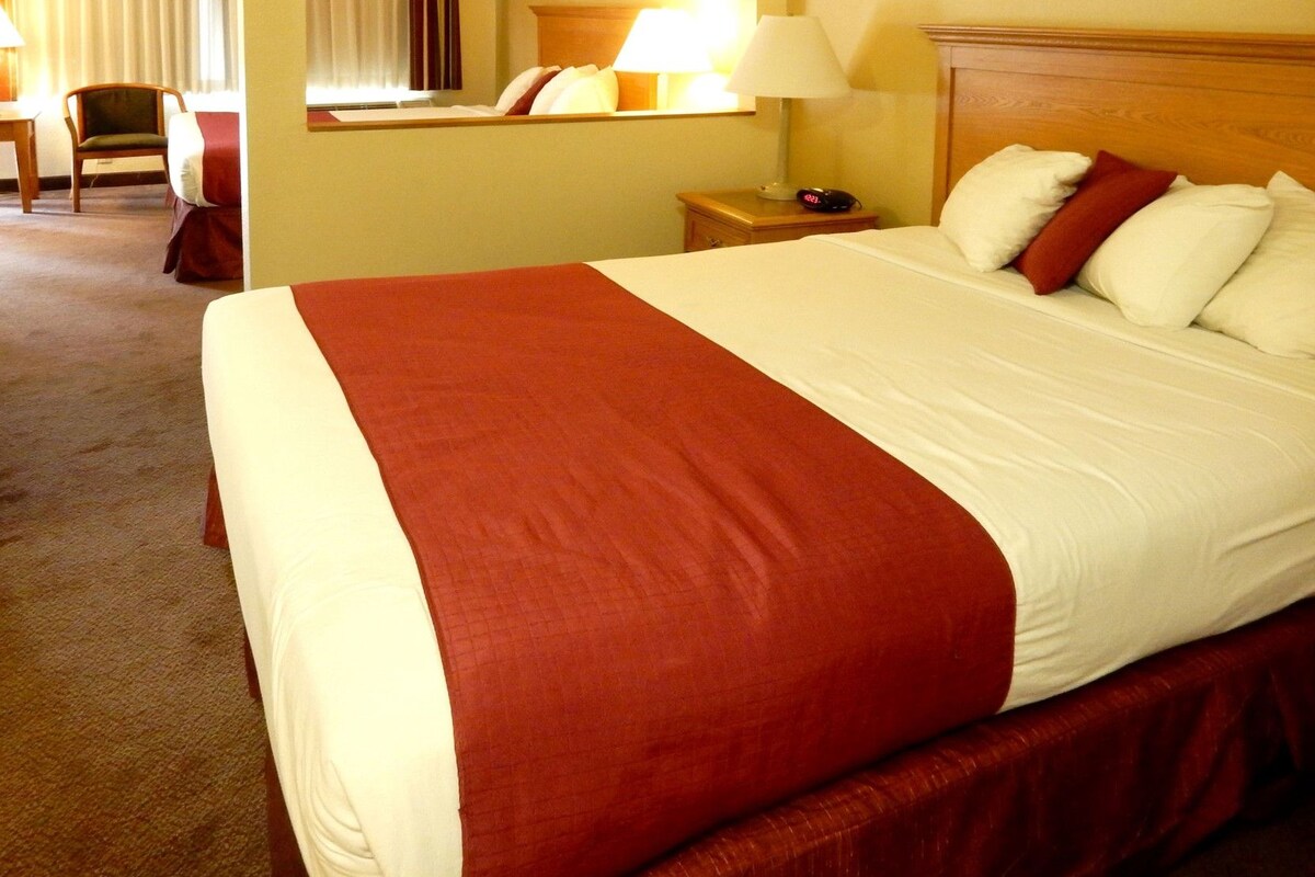 A hotel room with a large bed, a nightstand with a lamp, a chair, and a window with curtains.