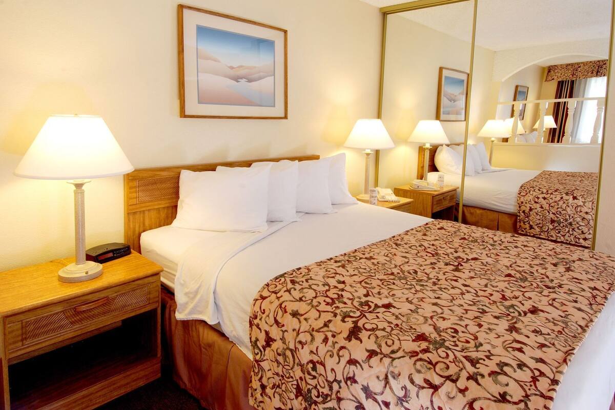 A hotel room with a bed, two bedside tables, a lamp, a telephone, and a mirror.
