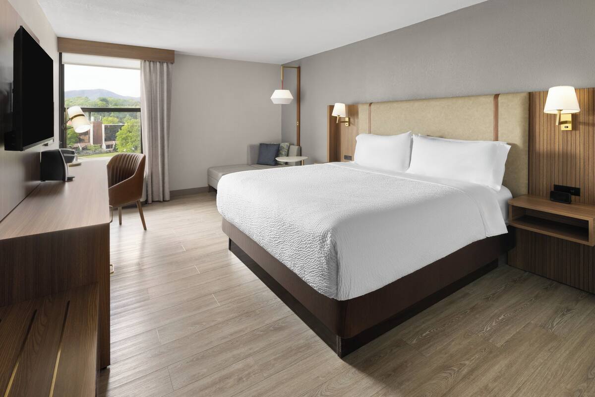 Une chambre d’hôtel avec un grand lit, un bureau, une chaise, une télévision et une vue sur l’extérieur.