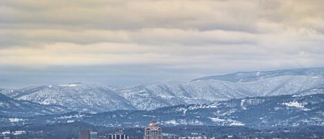A cityscape with snow-covered mountains in the background and a variety of buildings, including a prominent hotel with a distinctive tower.