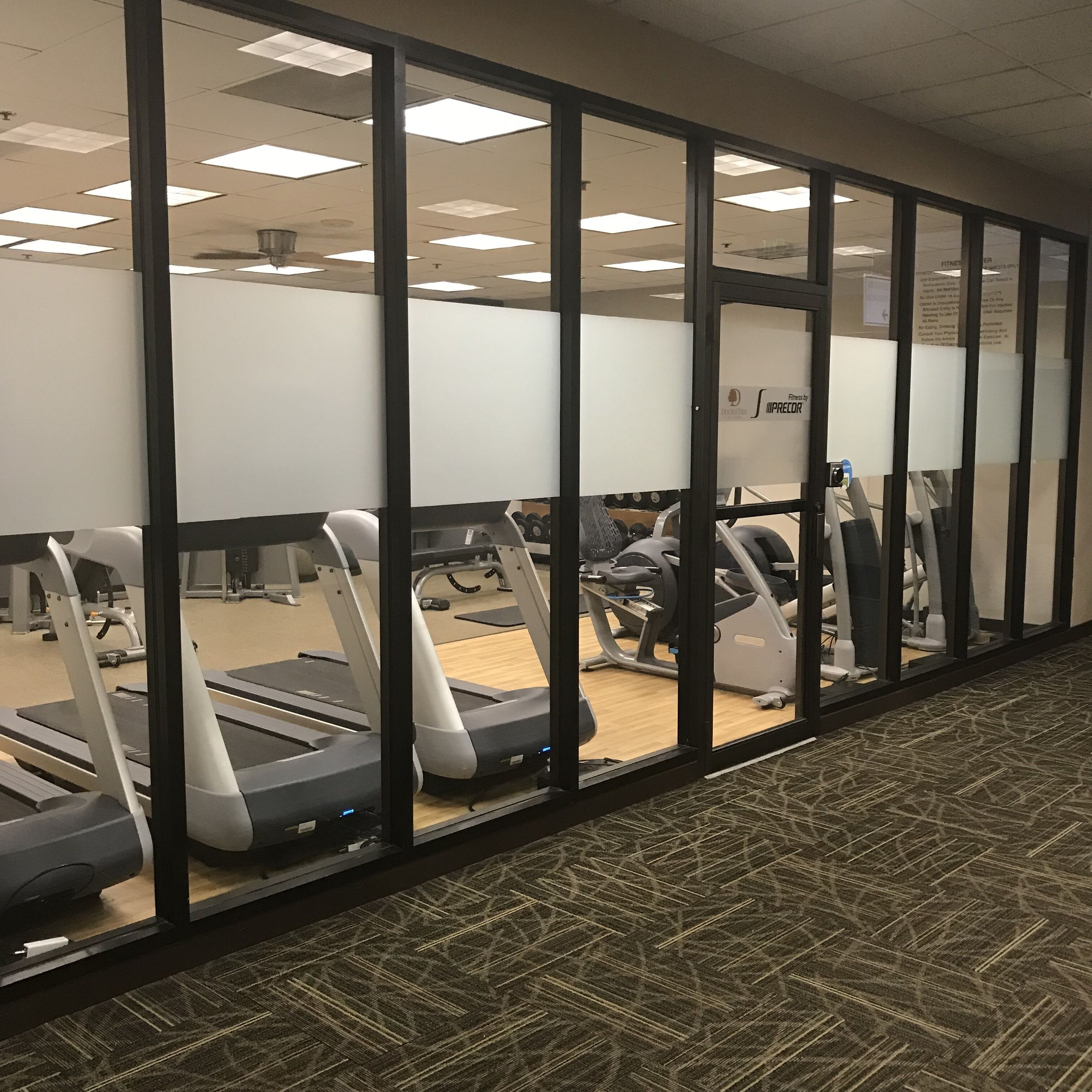 A gym with treadmills and exercise equipment.