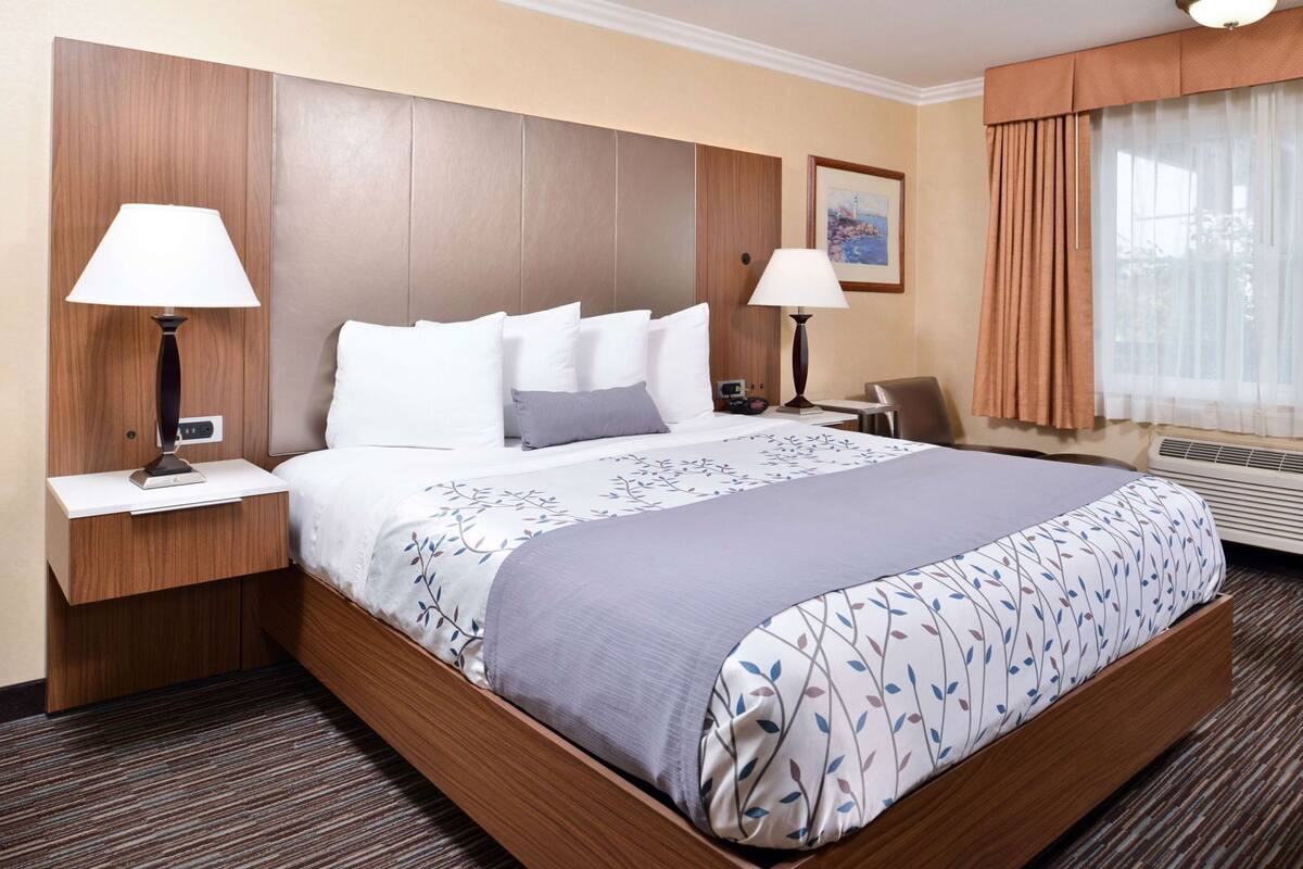 A hotel room with a large bed, two bedside tables with lamps, a chair, a painting on the wall, and a window with curtains.