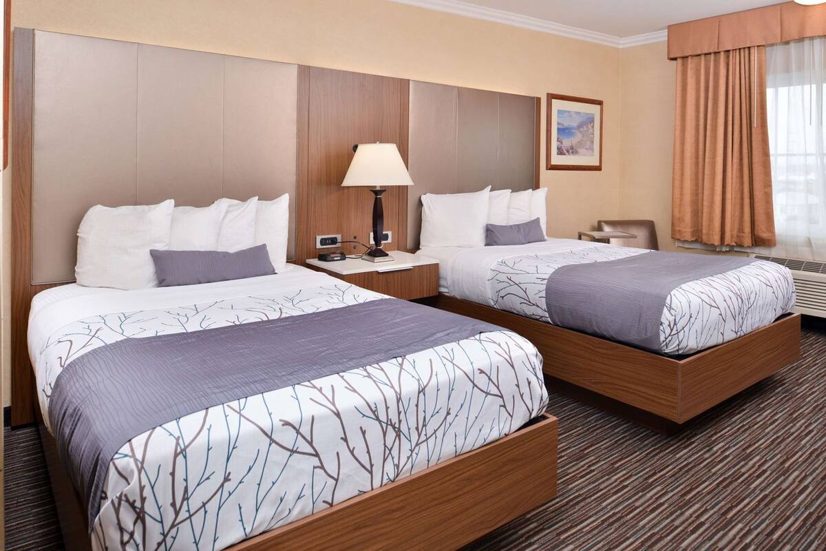 A hotel room with two beds, a bedside table with a lamp, a nightstand, a framed picture on the wall, and a window with curtains.