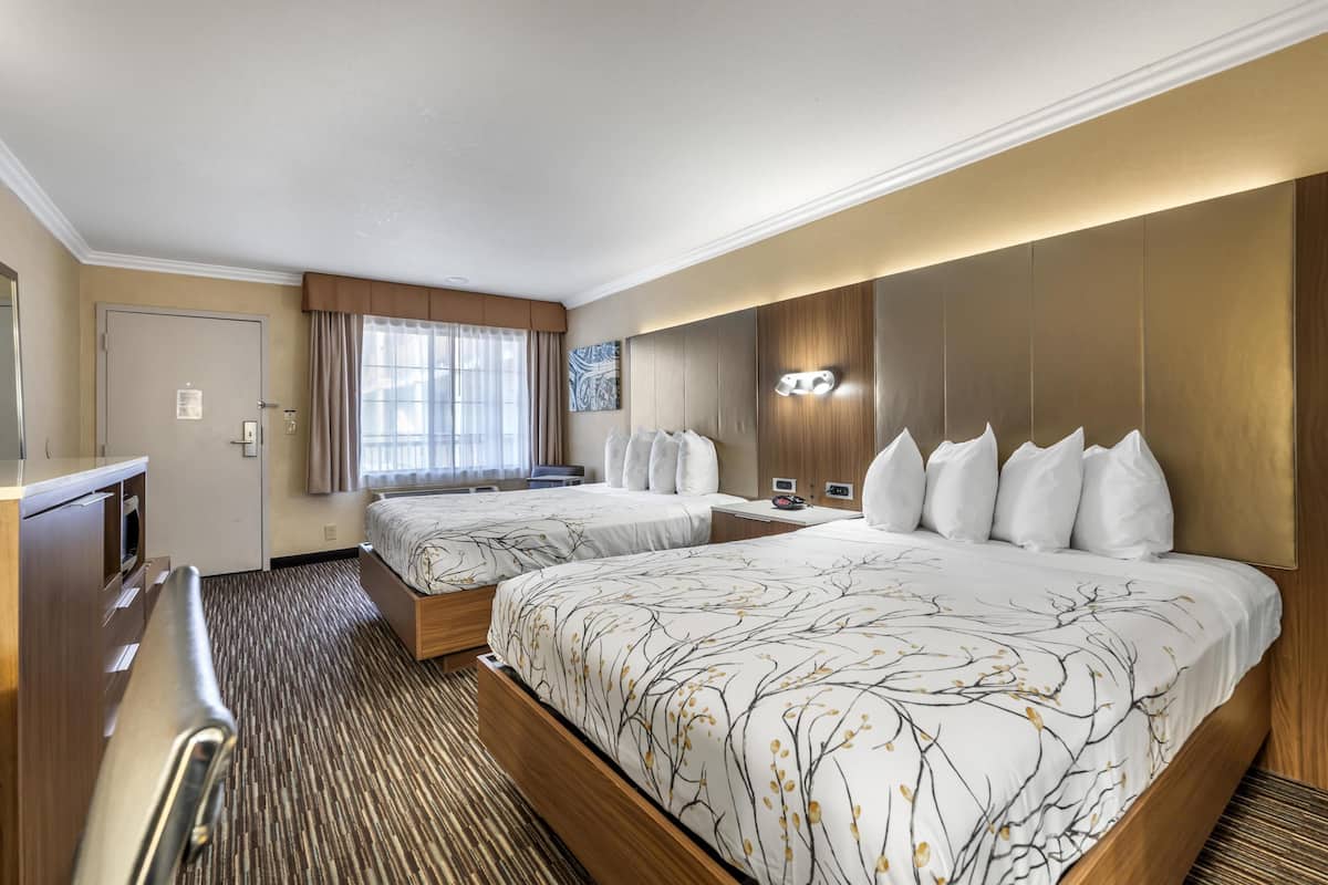 A hotel room with two beds, a desk, a chair, a TV, and a window with curtains.