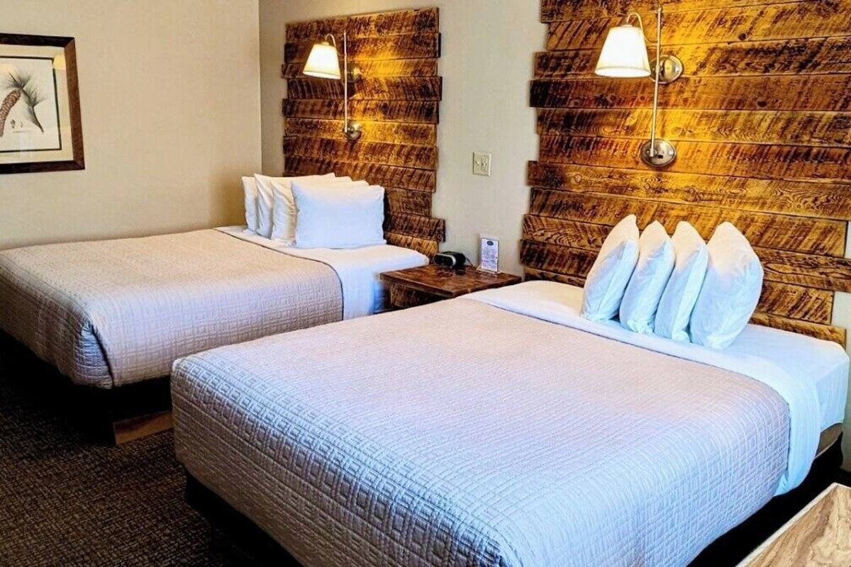 A hotel room with two beds, a wooden accent wall, a framed picture, and a desk with a lamp.