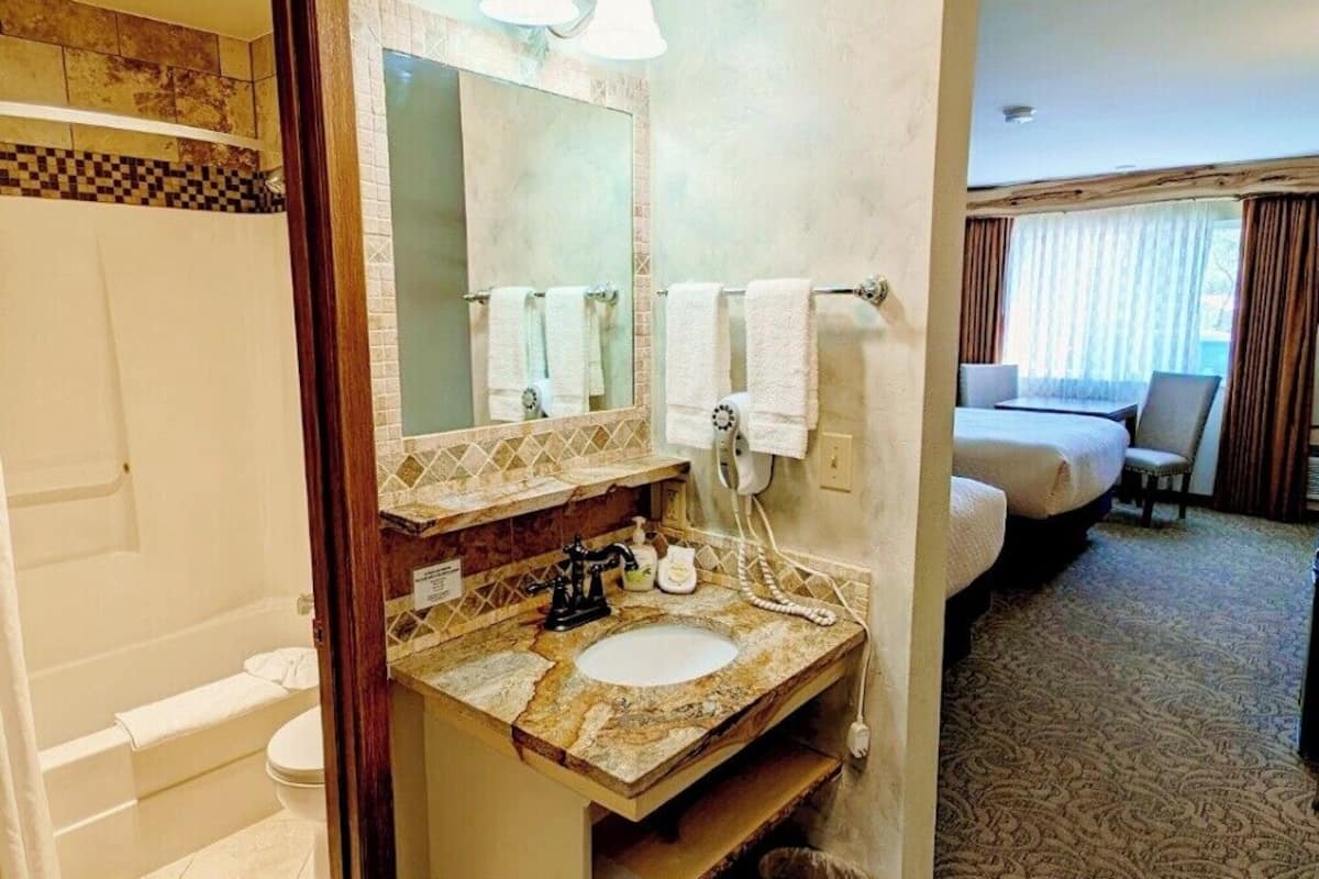 combined shower/bathtub, free toiletries, hair dryer, towels
