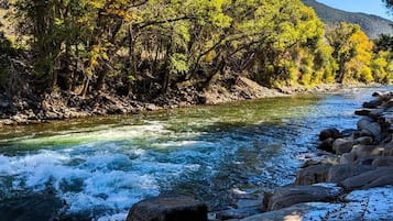 A river with clear water flowing over rocks, surrounded by trees with green and yellow foliage.
