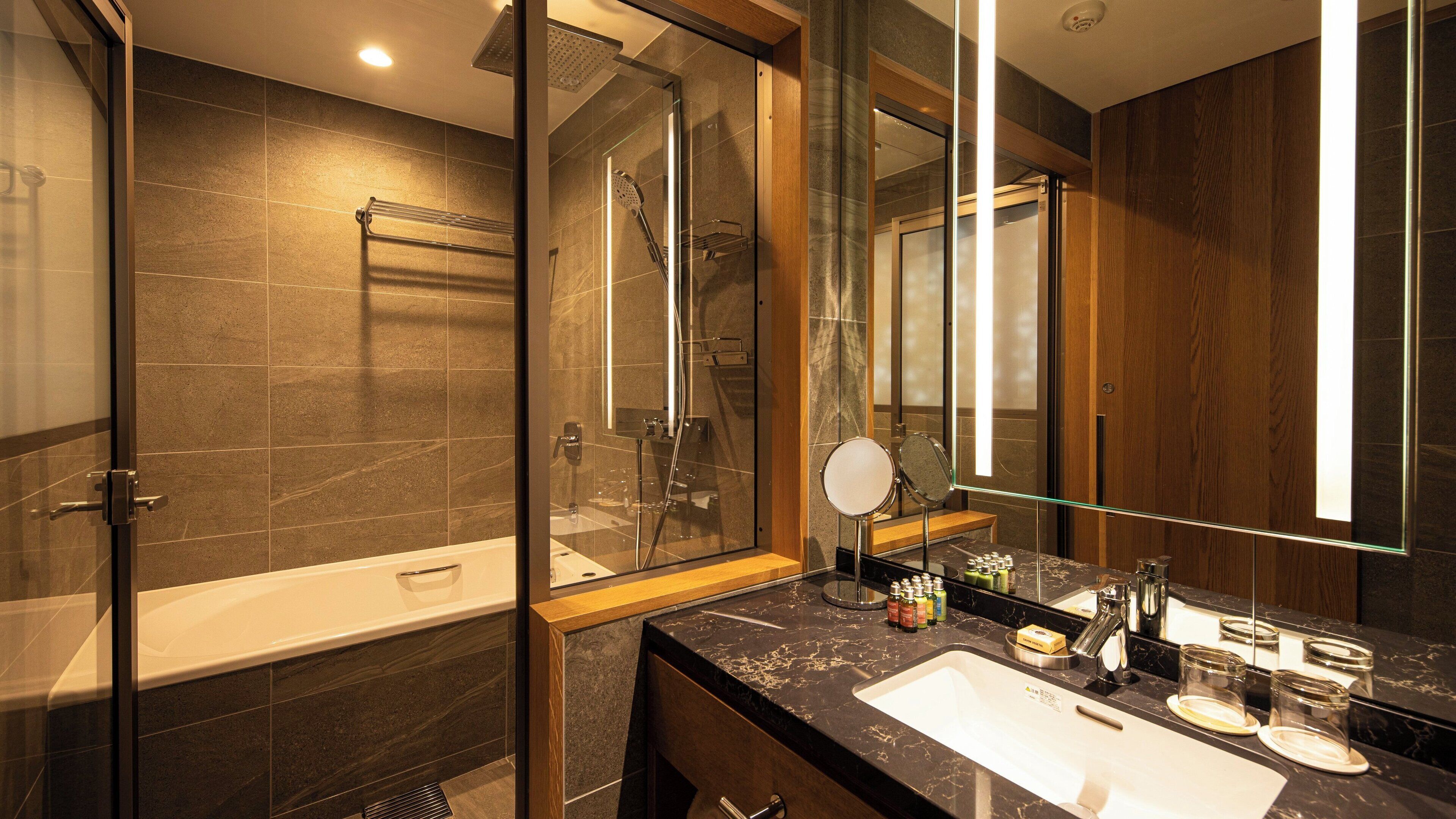 combined shower/bathtub, free toiletries, hair dryer, slippers