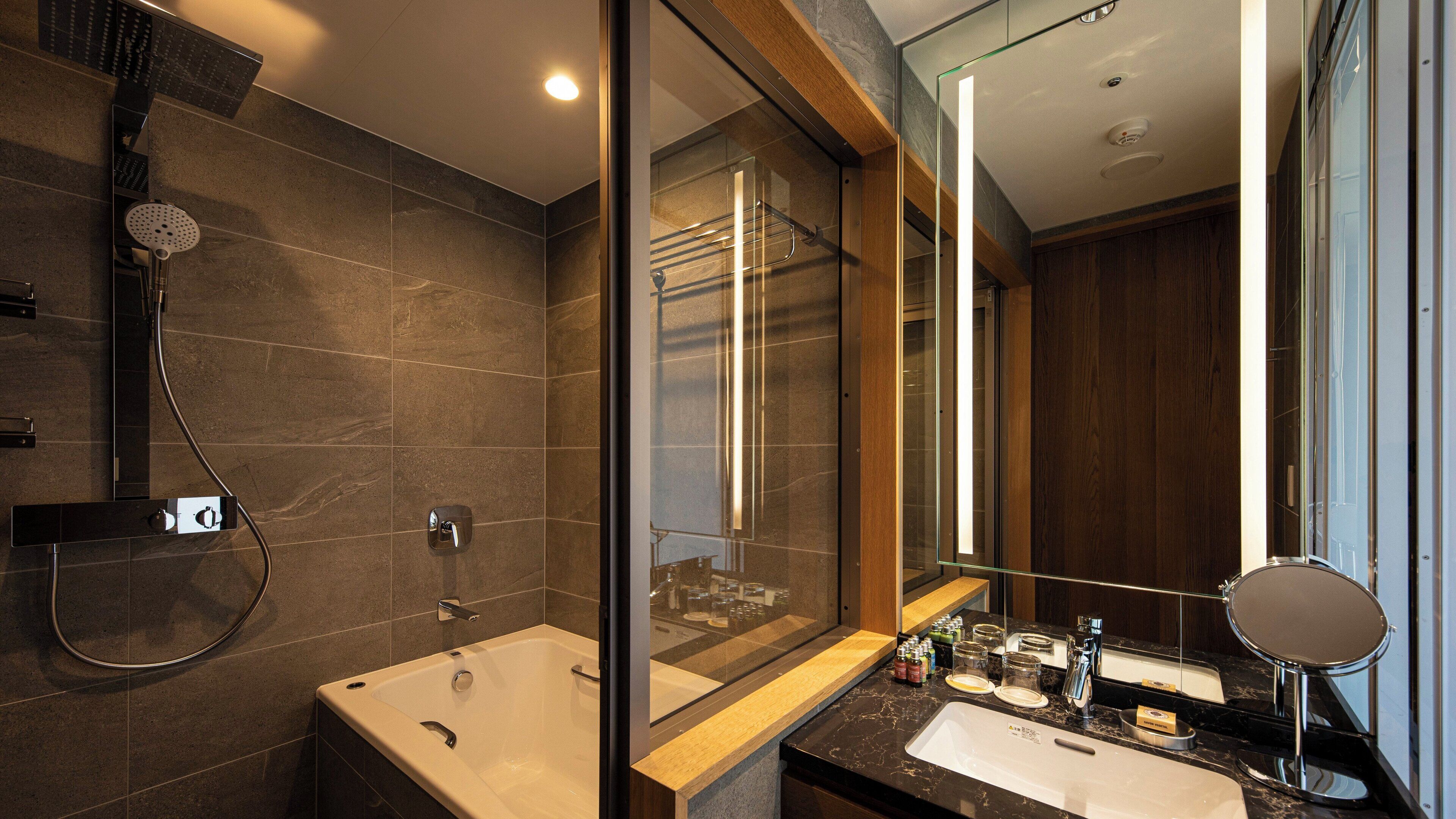 combined shower/bathtub, free toiletries, hair dryer, slippers