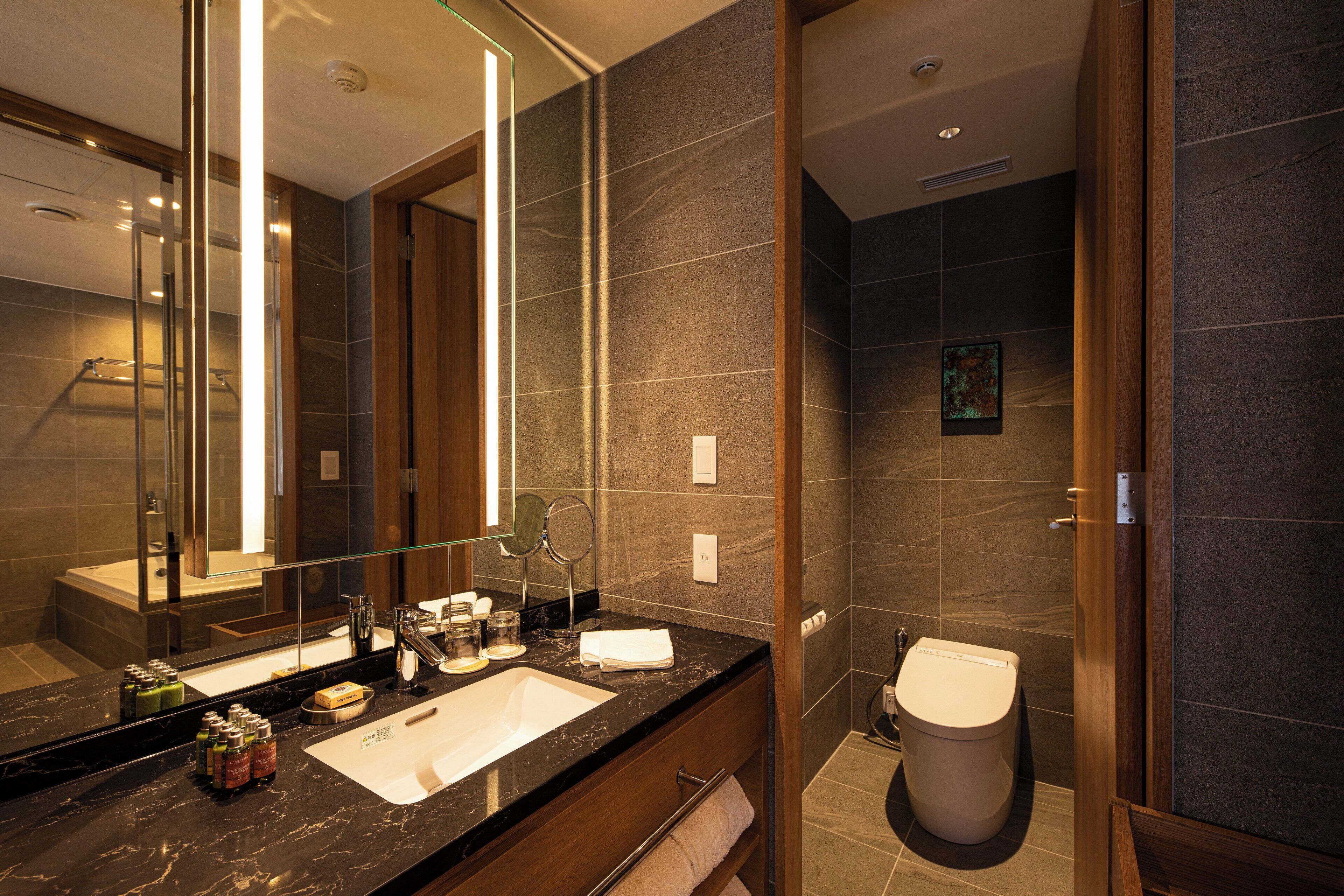 Un baño moderno con un espejo grande, un lavamanos y un inodoro.