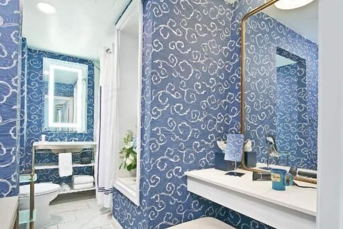 Bañera con ducha, secador de pelo, toallas, jabón