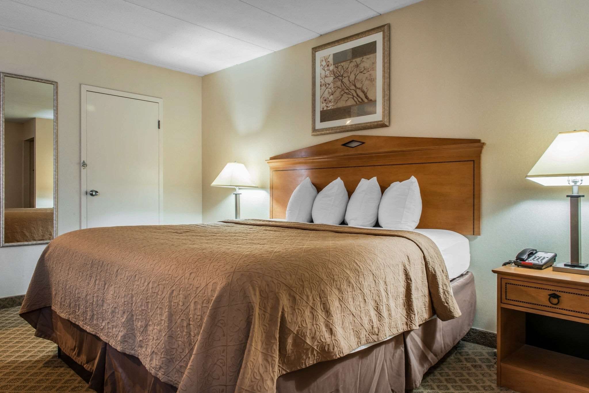 A hotel room with a large bed, two bedside lamps, a wooden headboard, a framed picture on the wall, and a bedside telephone.