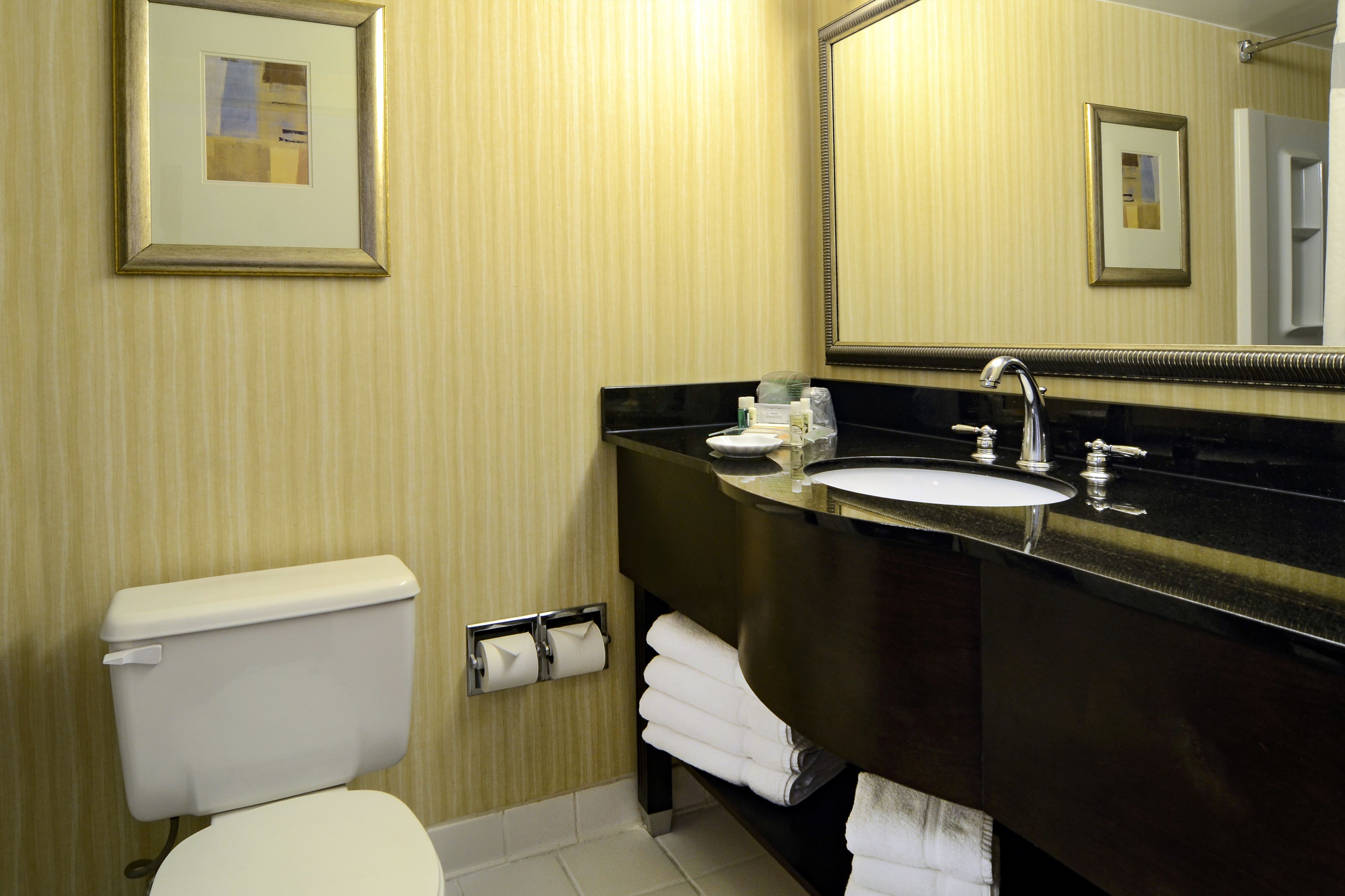 A bathroom with a toilet, sink, and mirror.