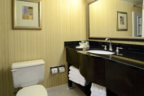 A bathroom with a toilet, sink, and mirror. - Holiday Inn Washington DC-Greenbelt MD by IHG (Greenbelt)