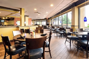 Interior de restaurante con barra, diversas opciones de asientos y amplias ventanas con vistas.