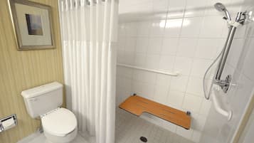 A bathroom with a toilet, shower, and a wooden shelf.