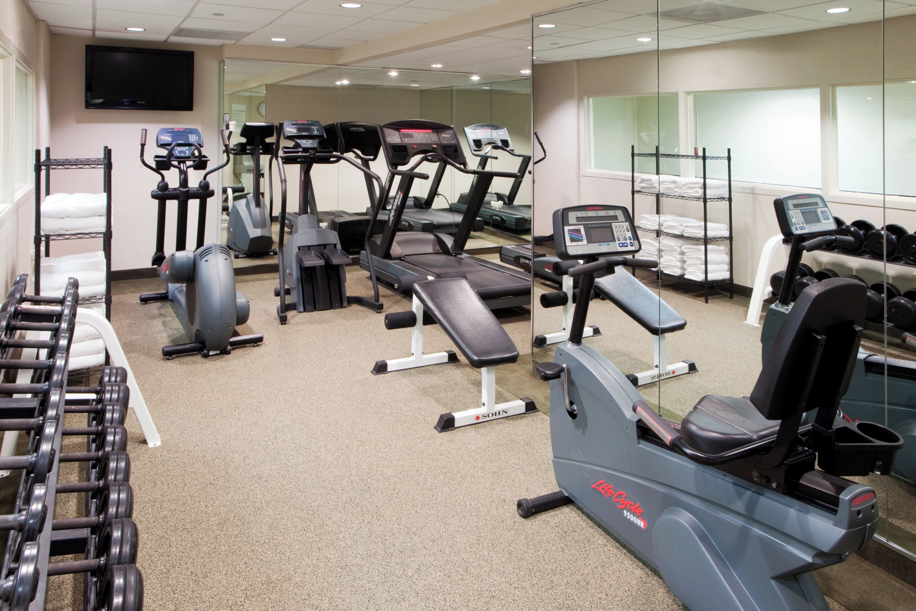 A gym with various exercise equipment including treadmills, elliptical machines, and dumbbells.