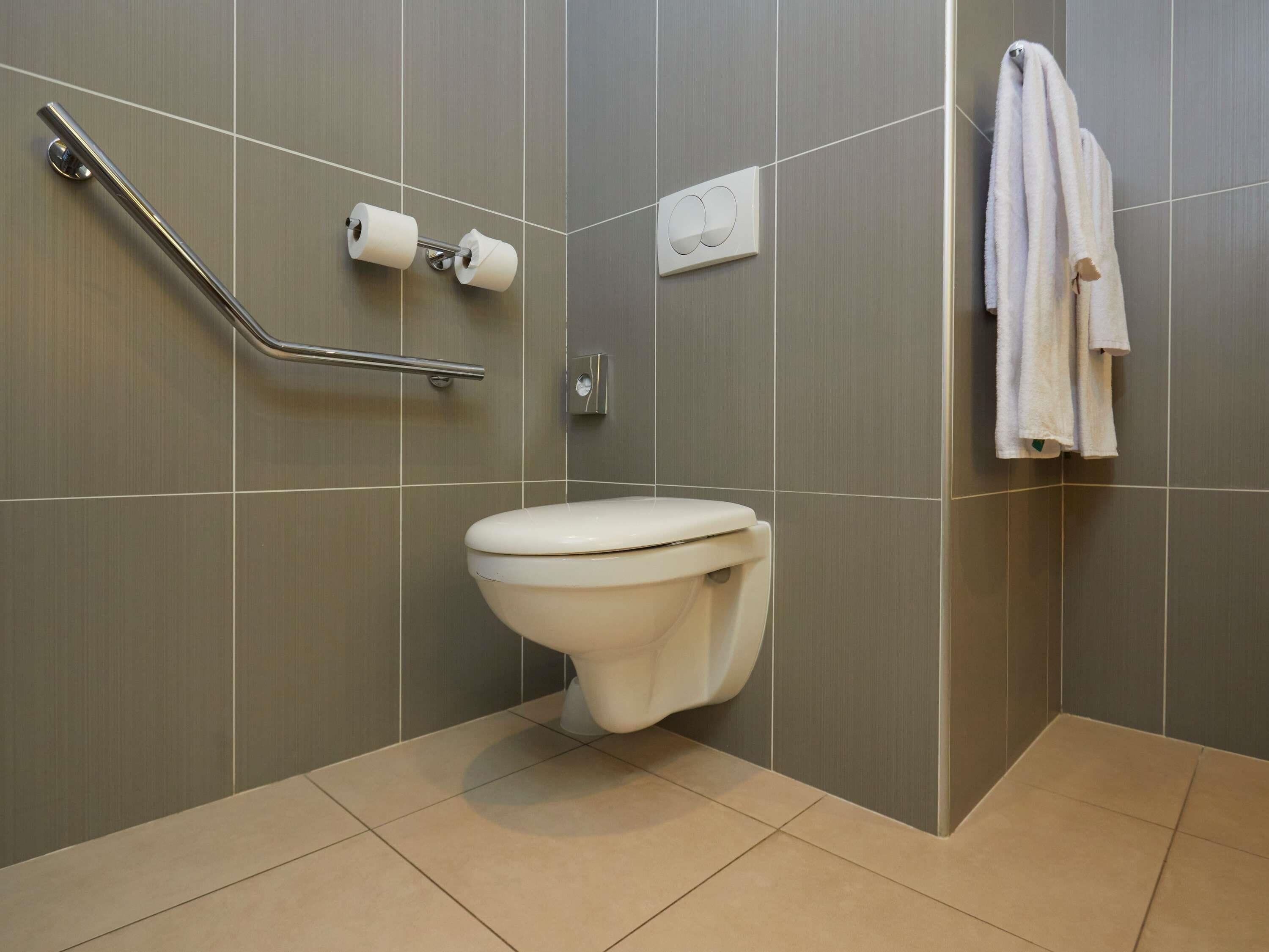 Een moderne badkamer met toilet, handgrepen en een handdoekhouder.