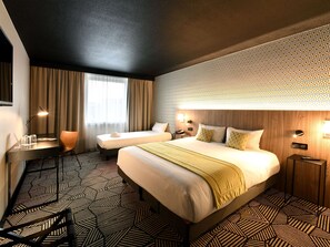 Premium bedding, desk, blackout curtains, soundproofing