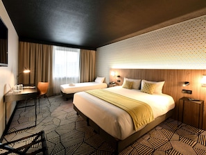 Premium bedding, desk, blackout curtains, soundproofing