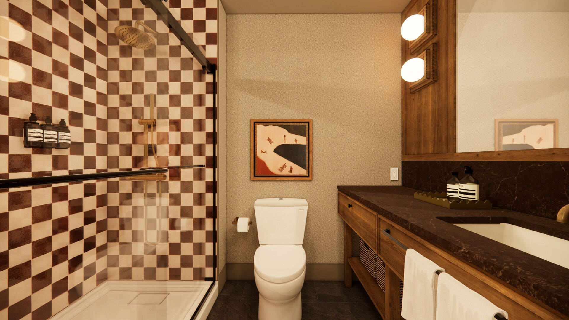 A bathroom with a checkered tile wall, a toilet, a shower, and a wooden vanity with a mirror.