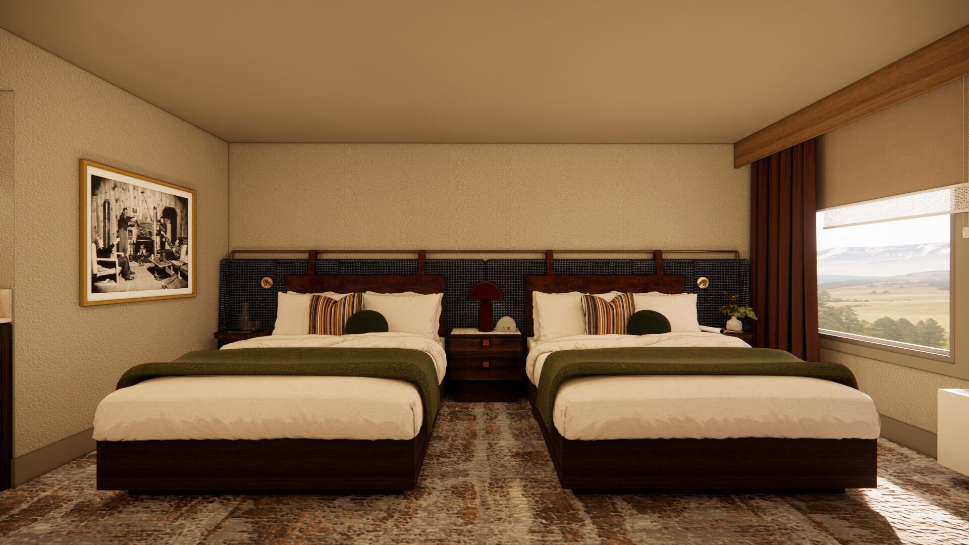 A hotel room with two beds, a large window with a view, a framed picture on the wall, and a patterned rug.