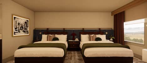 A hotel room with two beds, a large window with a view, a framed picture on the wall, and a patterned rug.