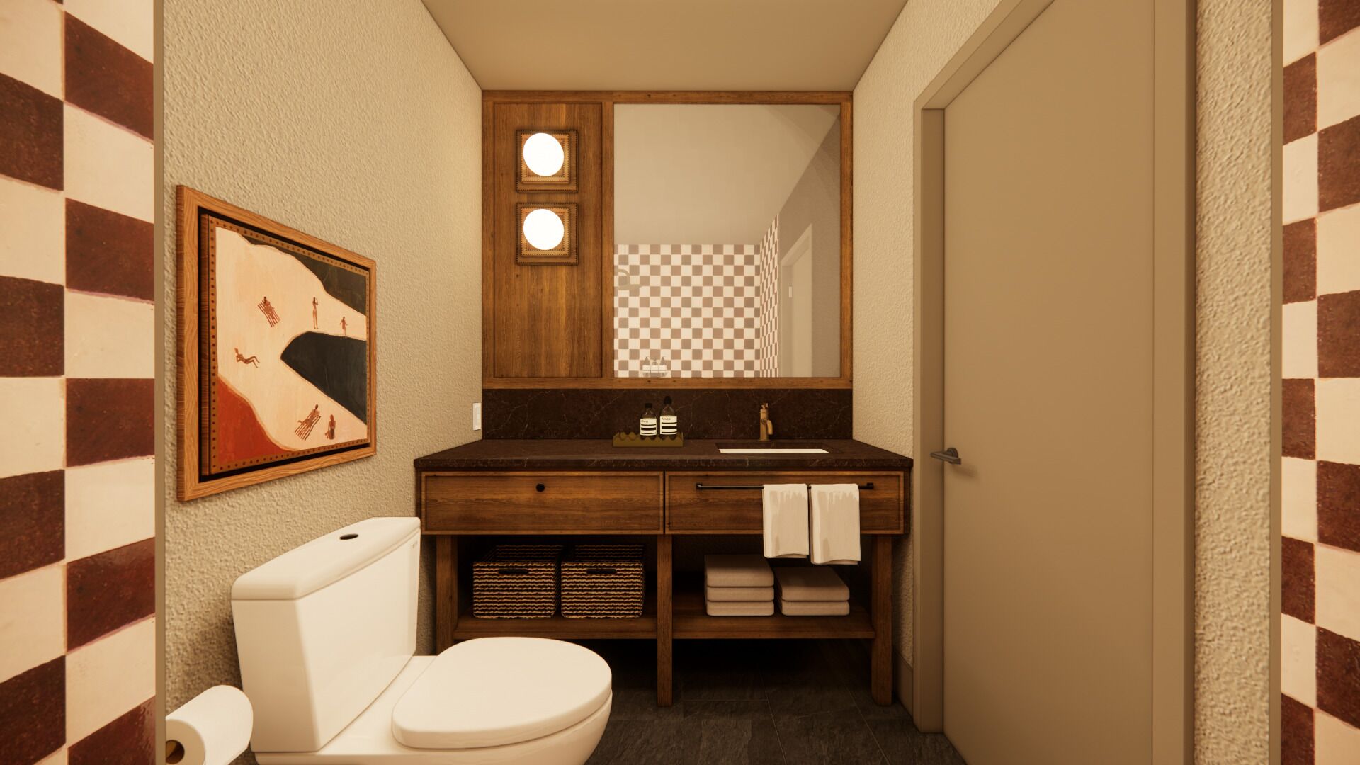 Un bagno compatto con servizi igienici, lavandino e specchio. In parete, un'opera d'arte incorniciata e un pavimento a scacchi.