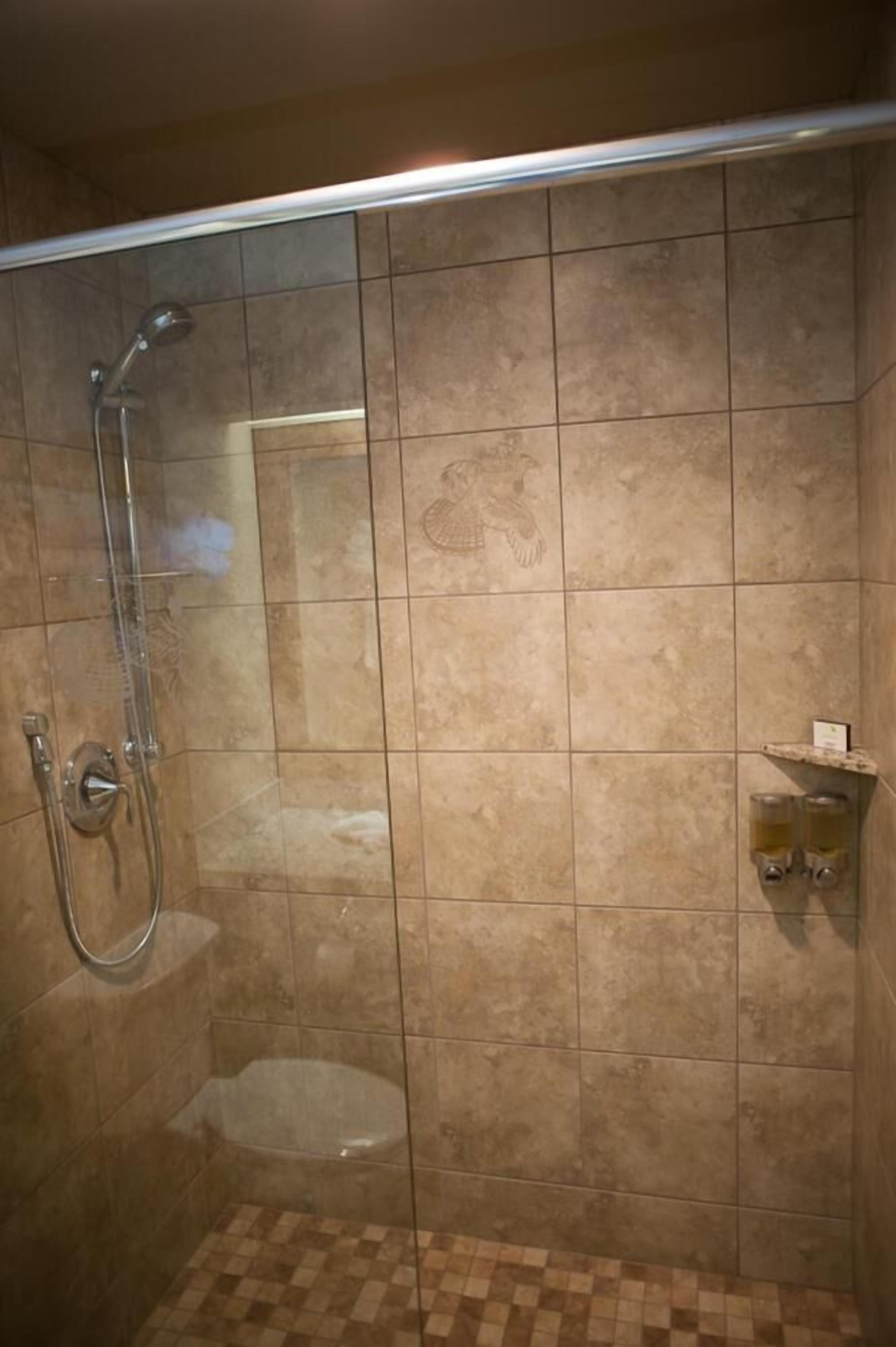 A shower with a glass door, a handheld showerhead, and a wall-mounted faucet.