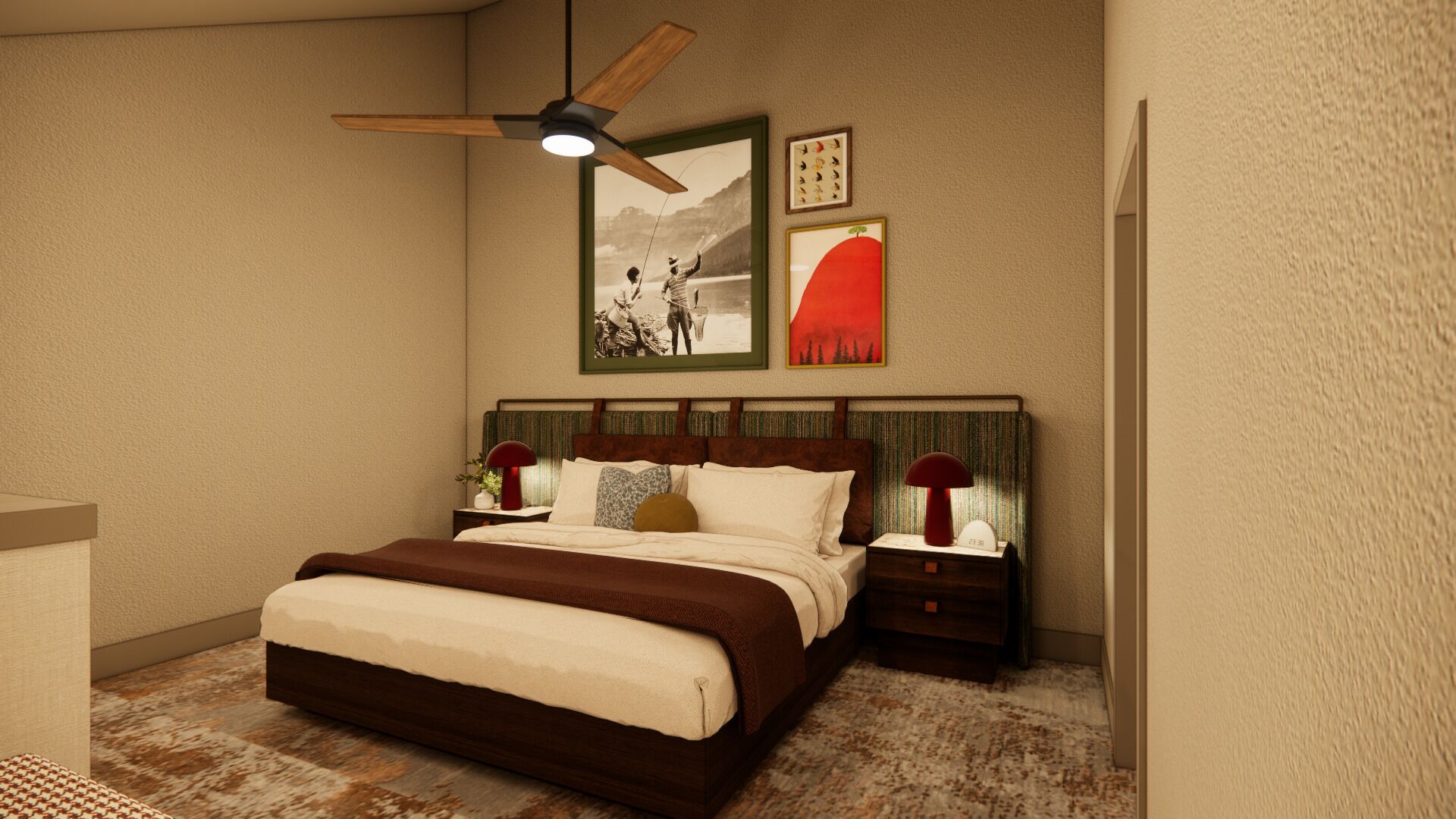A bedroom with a bed, nightstands, a ceiling fan, and wall art.
