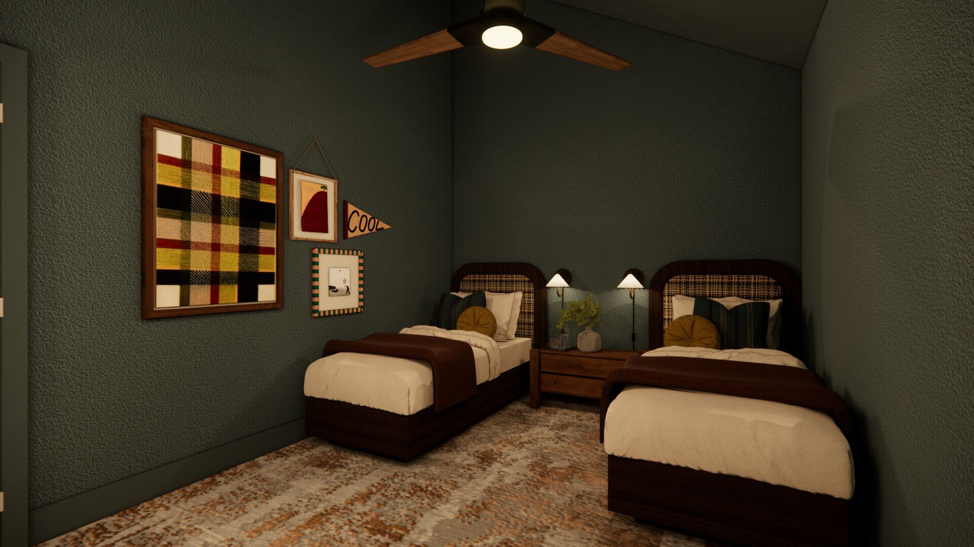 A bedroom with two beds, a ceiling fan, and wall-mounted lamps.