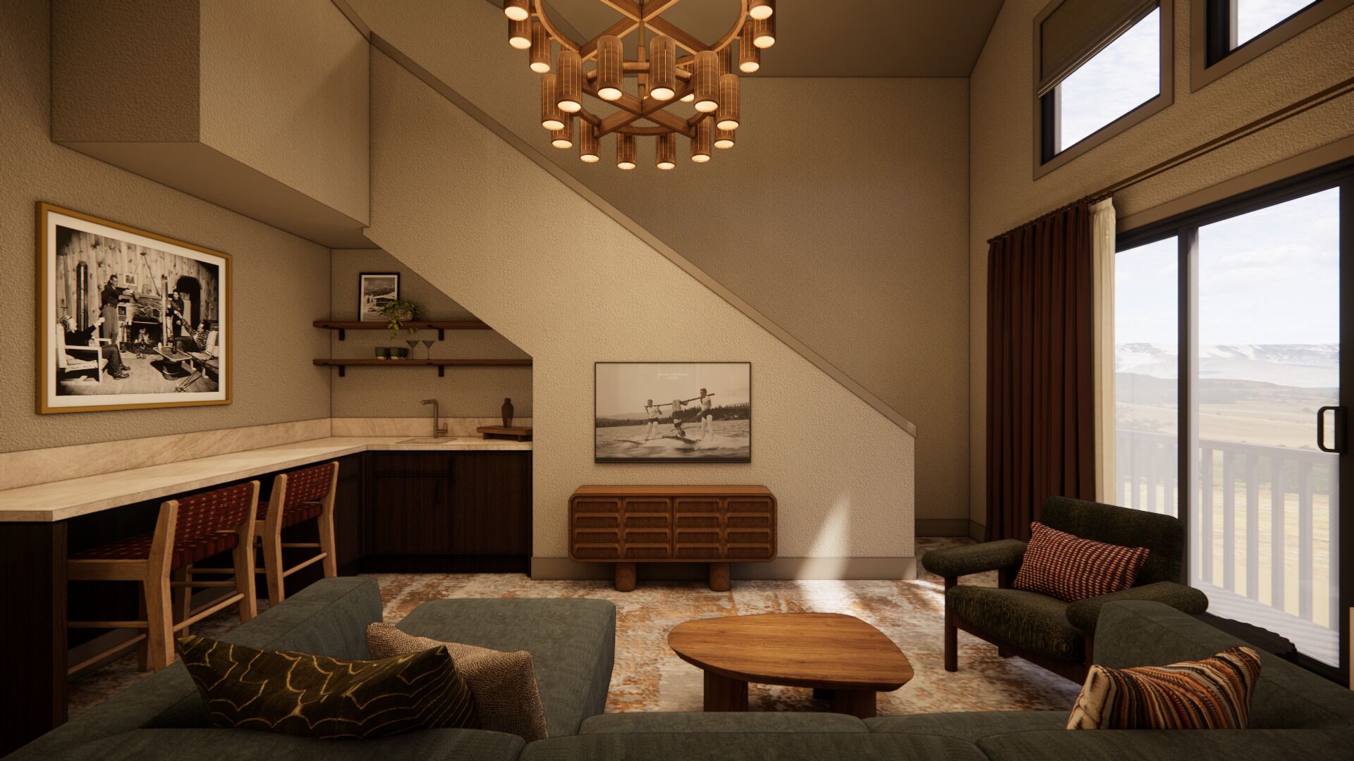 A spacious living area with a large window, a staircase, and a kitchen area.