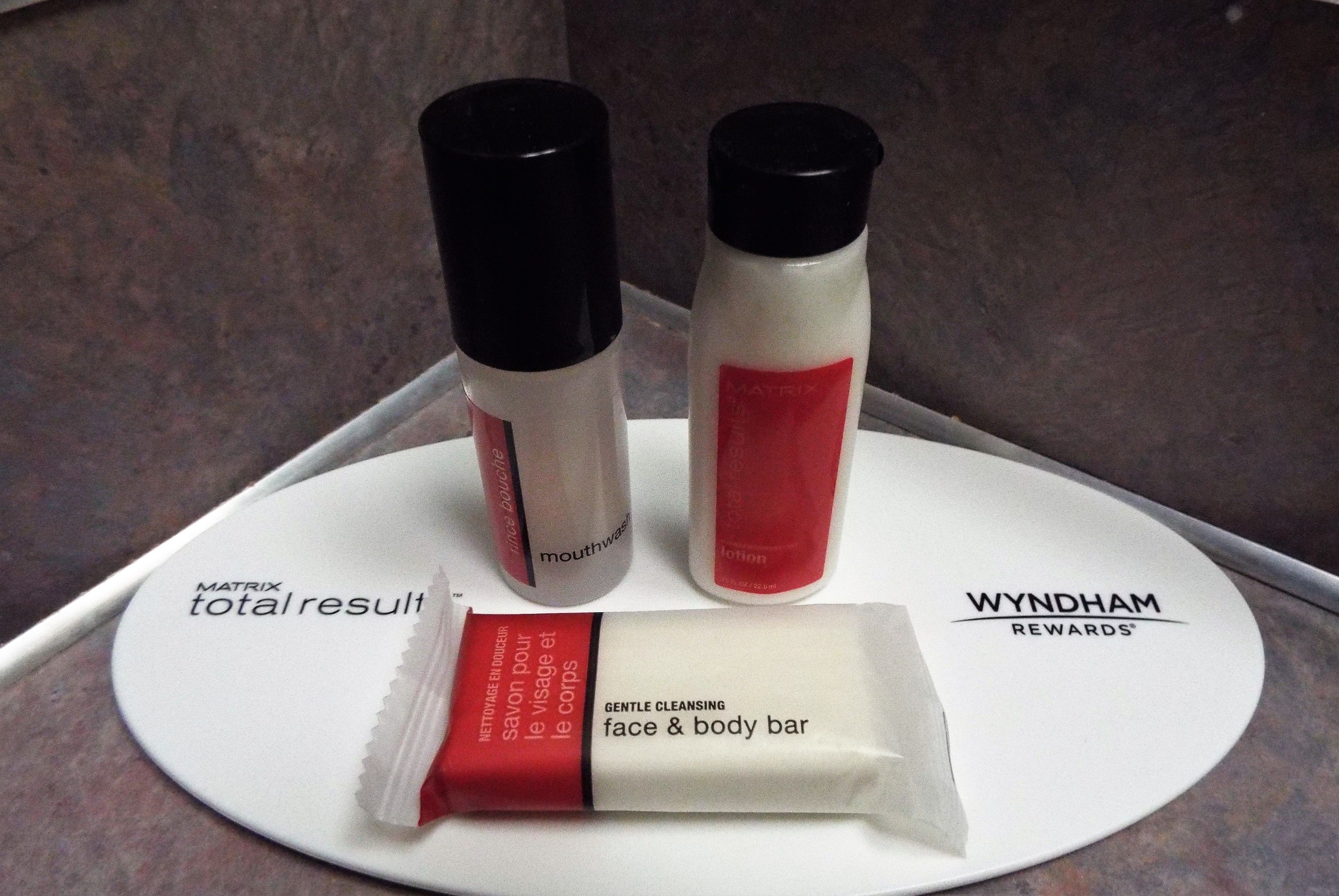 Un plateau contenant un pain de savon pour le visage et le corps, un tube de lotion et deux flacons de bain de bouche.