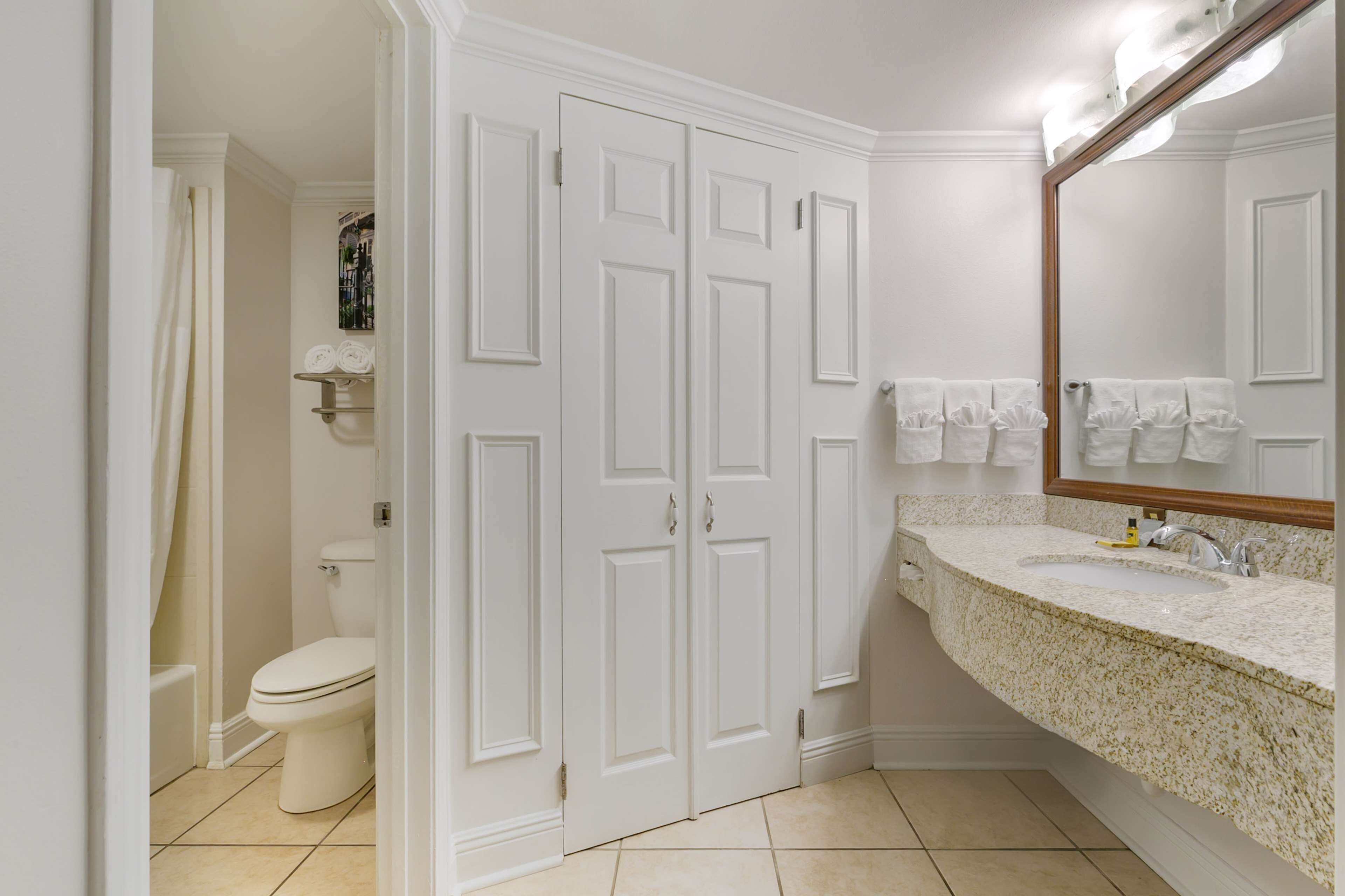 combined shower/bathtub, free toiletries, hair dryer, towels