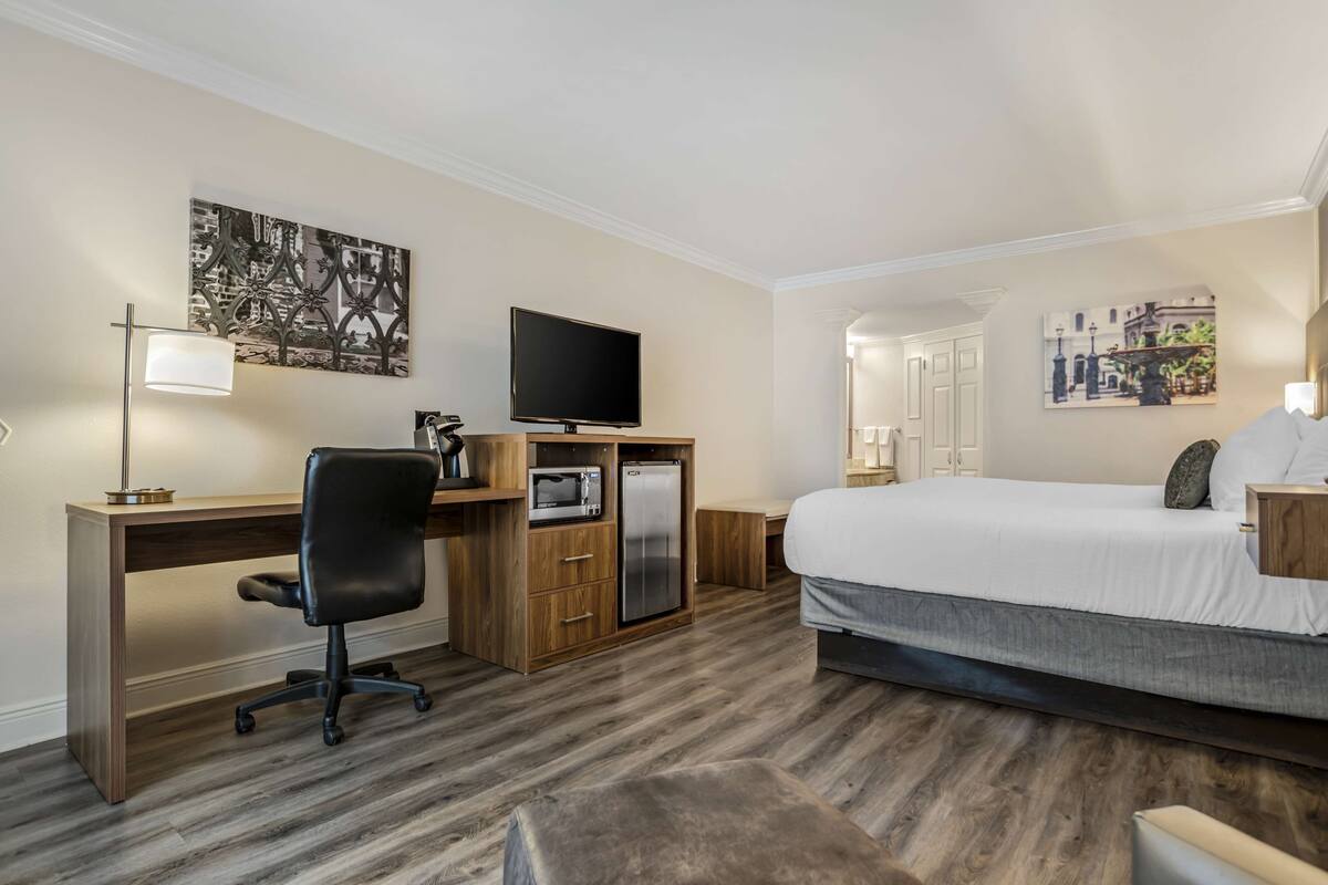 Habitación de hotel con cama, escritorio, silla, televisor y microondas.
