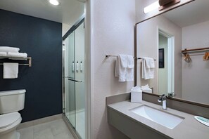 Combined shower/bathtub, free toiletries, hair dryer, towels