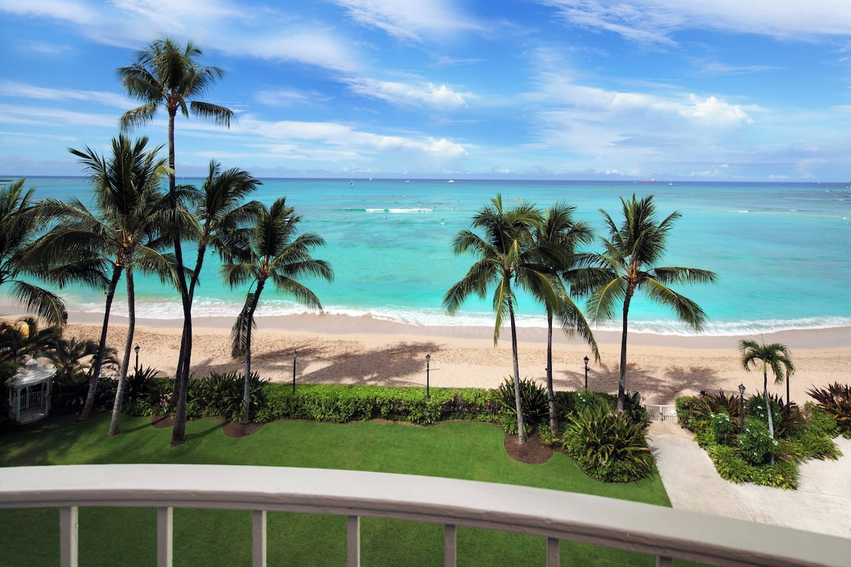 A beach view with palm trees and a clear sky.