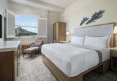 A hotel room with a large bed, a desk, a chair, a window with a view of a mountain and beach, and a wall-mounted artwork.