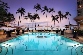 Outdoor pool, cabanas (surcharge), pool umbrellas at Moana Surfrider, A Westin Resort & Spa, Waikiki Beach