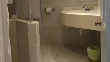 Une salle de bain équipée d’une douche, de toilettes, d’un lavabo et d’une poubelle verte.