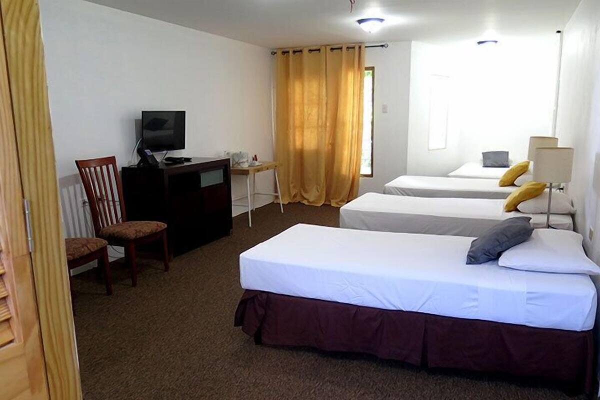 A hotel room with two beds, a desk with a television, a chair, and a window with curtains.