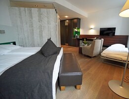 Moderni hotellihuone, jossa on suuri sänky, pieni sohva, työpöytä ja televisio.