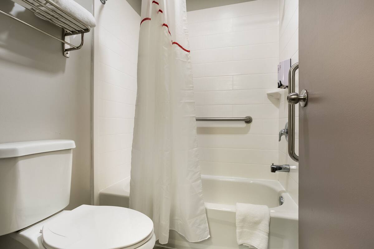 A bathroom with a toilet, a bathtub, and a shower curtain.